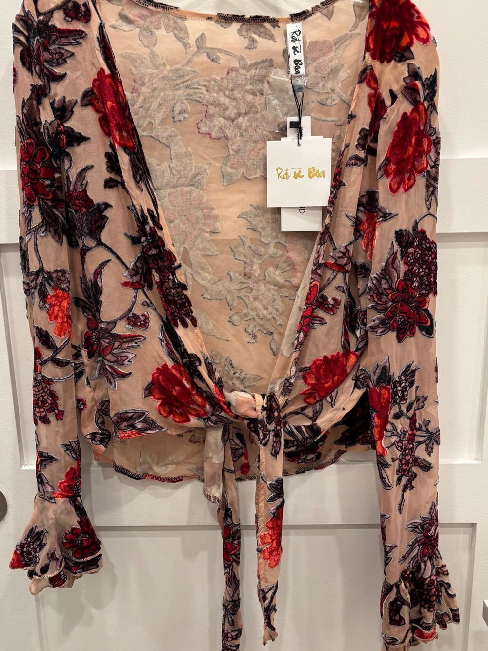 Rat & Boa Beige Sheer Tie-Front Blouse with Red Floral Crushed Velvet